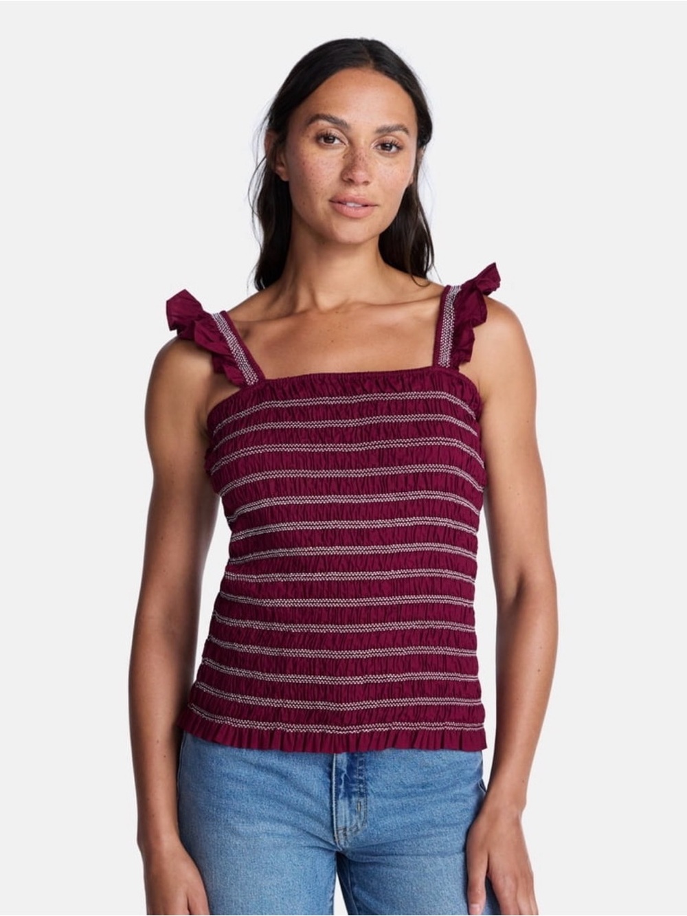 No boundaries burgundy and white smocked tank top size medium